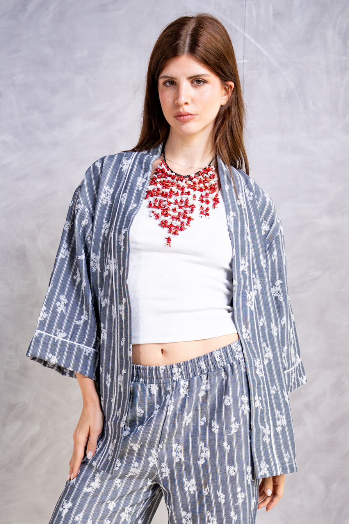 Striped Belted Kimono - Black