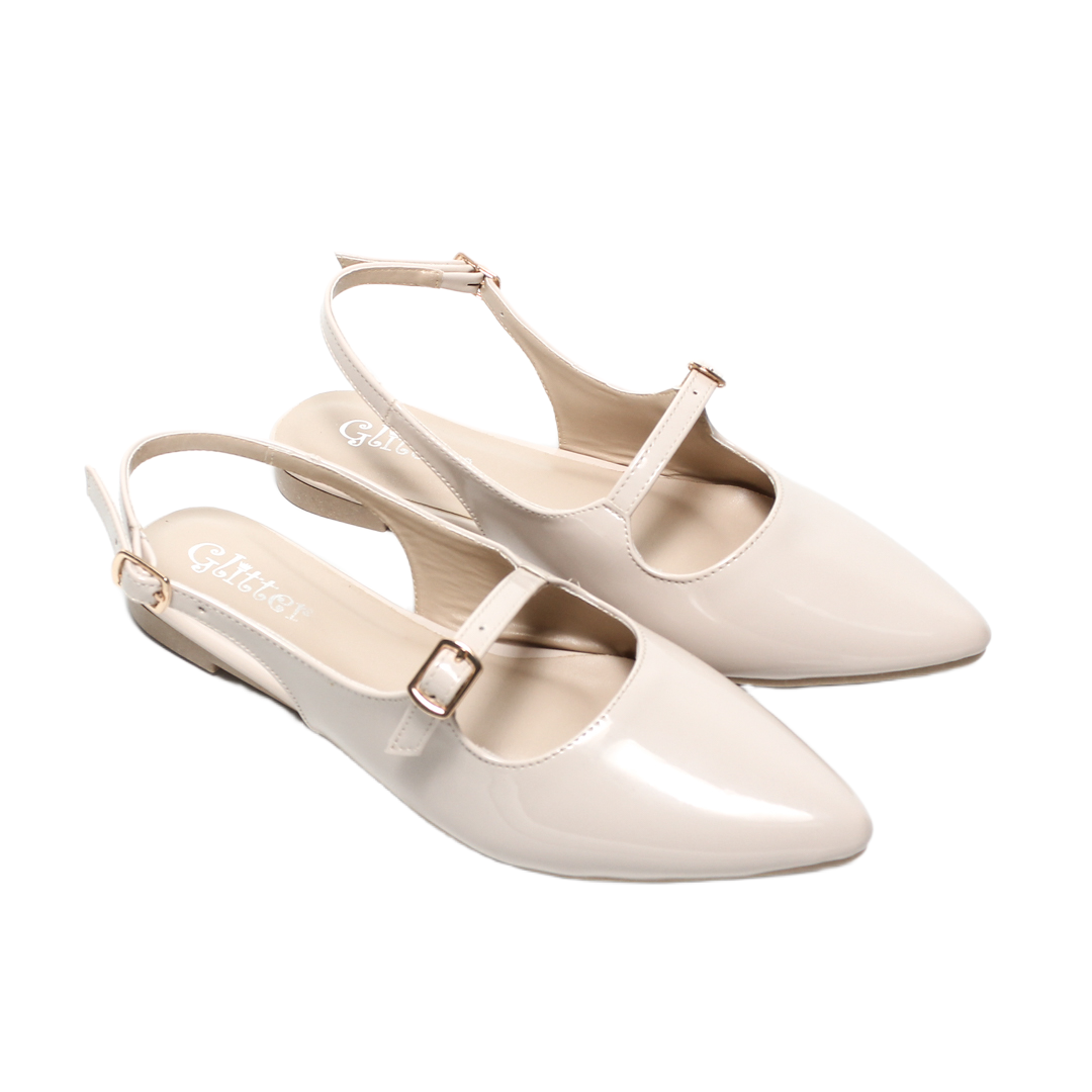 Minimal Buckle Strap Slingback Flats – Beige