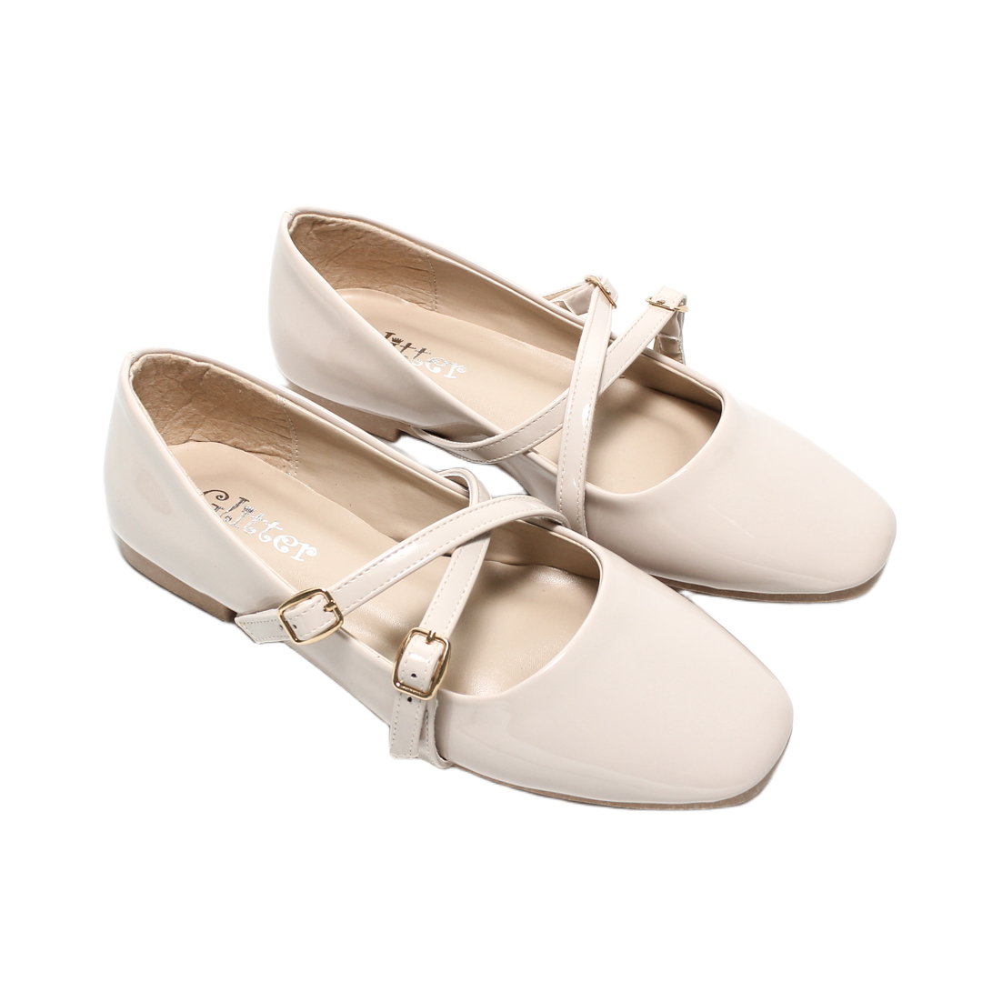 Double Strap Mary Jane Ballerina Flats – Beige