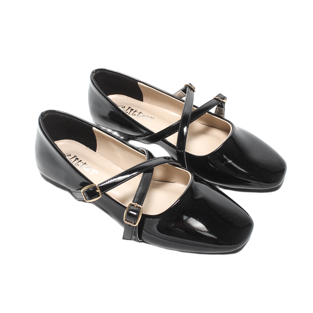 Patent Cross-Strap Mary Jane Flats - Black