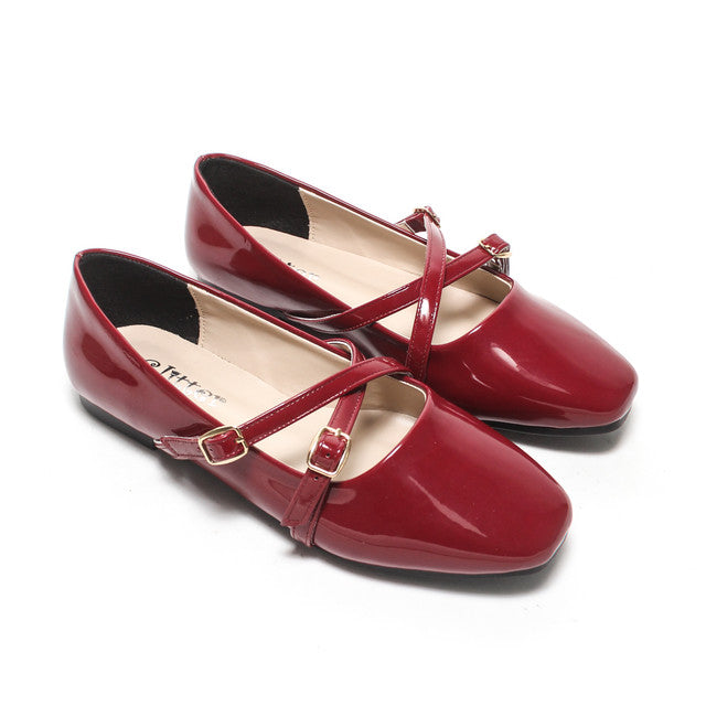 Patent Cross-Strap Mary Jane Flats - Burgundy