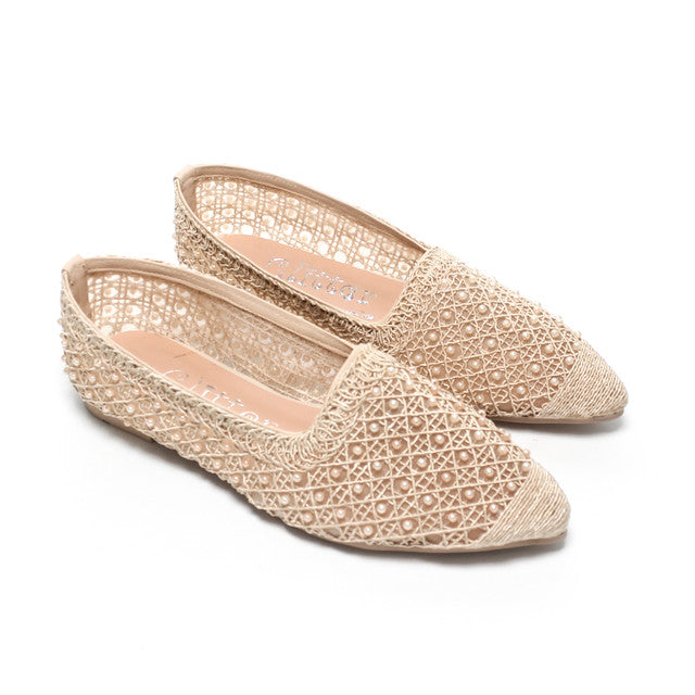 Woven Pearl-Detail Ballerina Flats - Beige