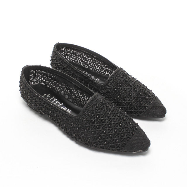 Woven Pearl-Detail Ballerina Flats - Black