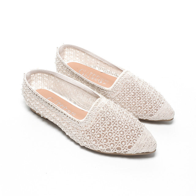 Woven Pearl-Detail Ballerina Flats - White