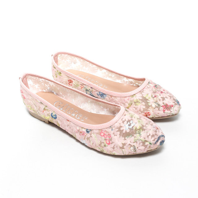 Floral Mesh Ballerina Flats - Pink