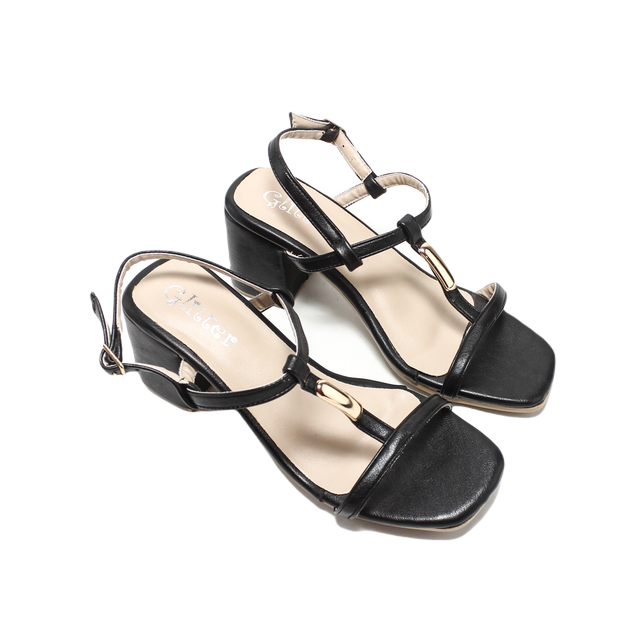 Faux Leather Block Heel Sandals - Black