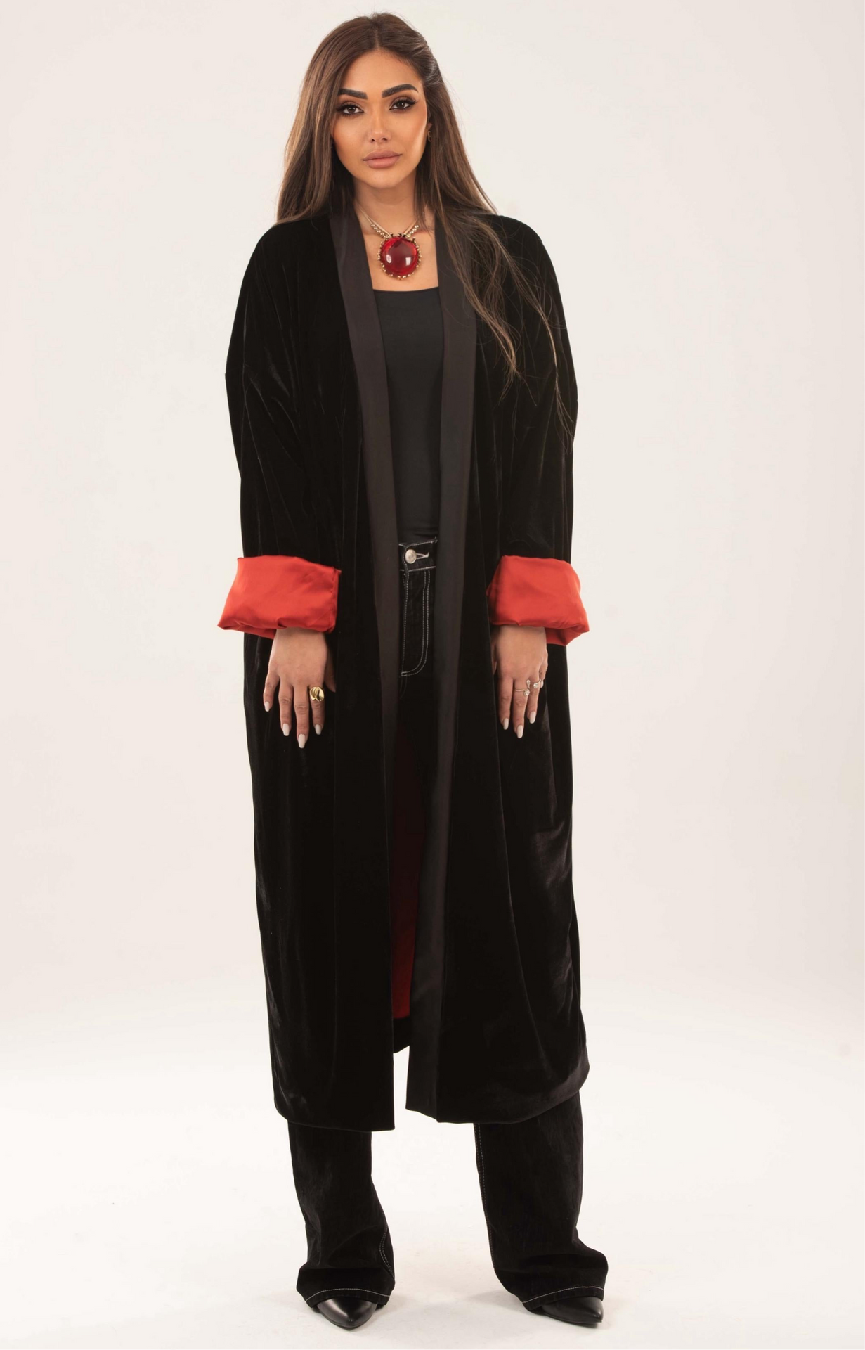 Velvet satin lining kimono - Red