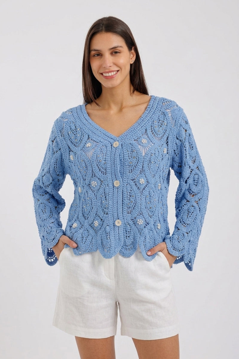 Pearl-Embellished Beach Kimono - Blue