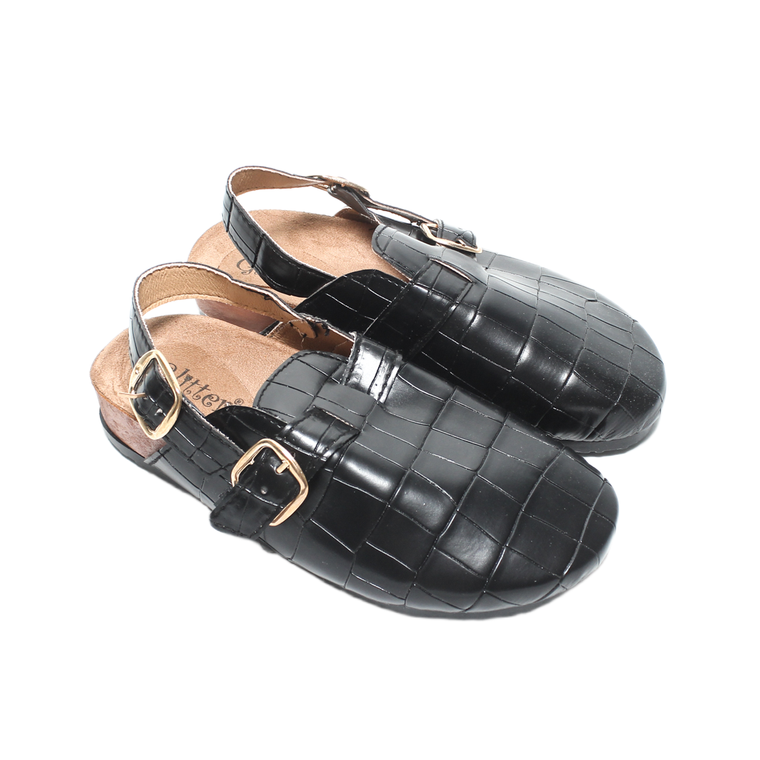 Faux Leather Crocodile-Pattern Winter Sandals – Black