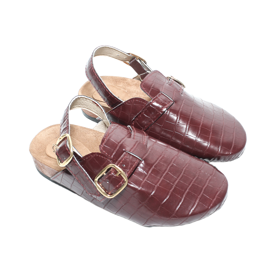 Faux Leather Crocodile-Pattern Winter Sandals – Burgundy