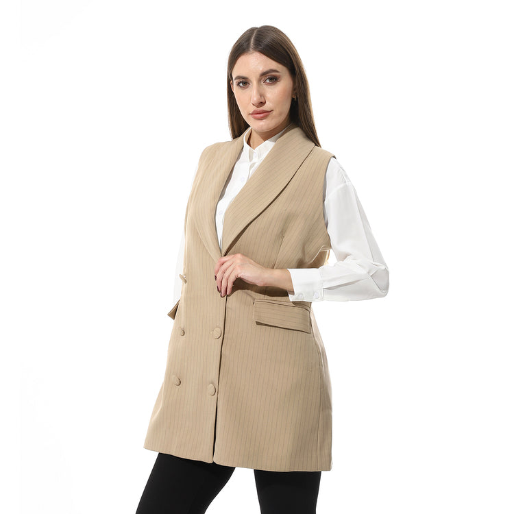 Rosaline Self-Pattern Sleeveless Blazer Vest – Beige