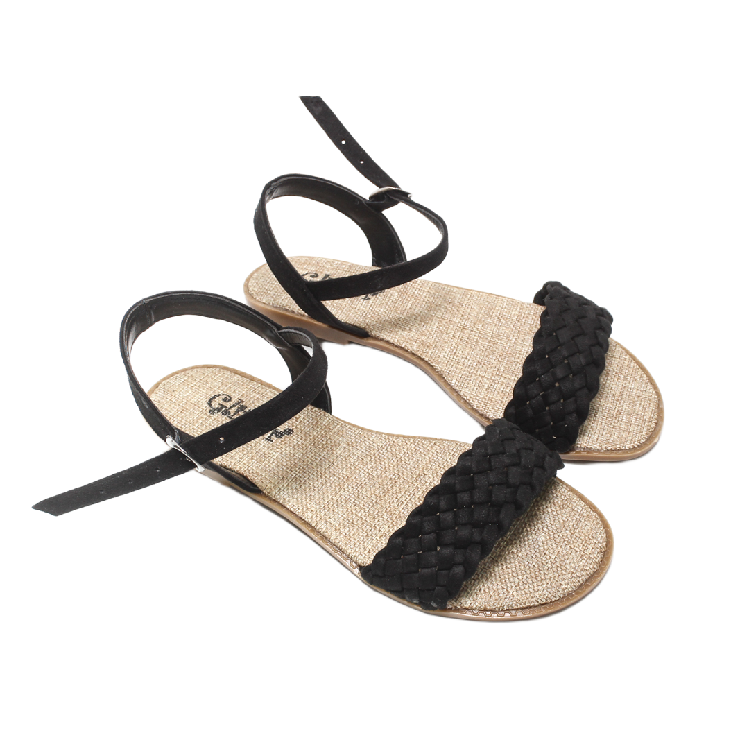 Braided Strap Flat Sandals – Black