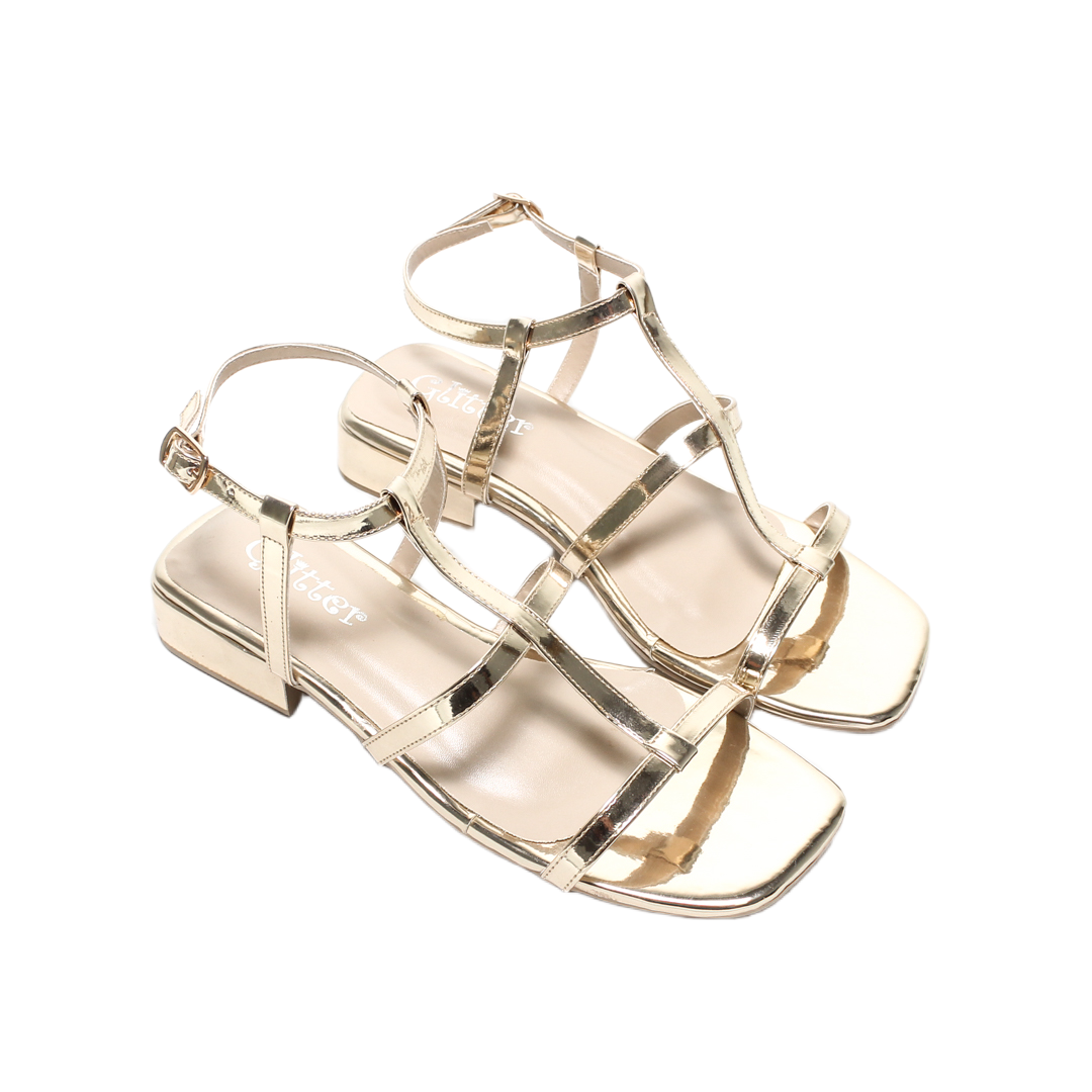 Metallic Strap Low Heel Sandals – Gold