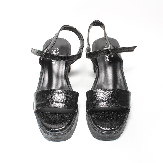 Patent Platform Low Heel Sandals – Black