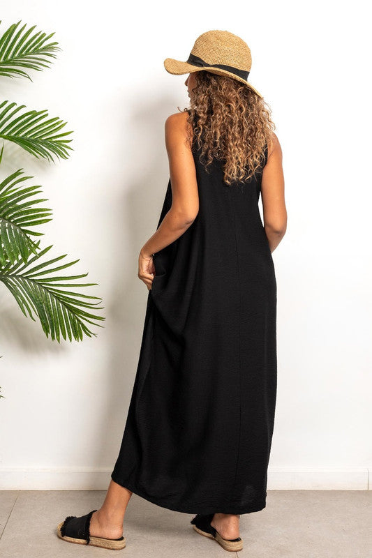Cotton Lycra Long Linen Dress – Black