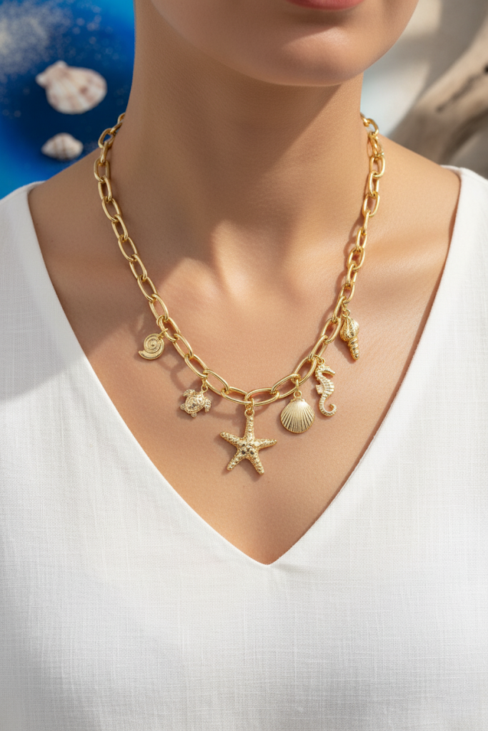 Zinc Alloy Crystal-Studded Sea Charm Link Necklace – Gold