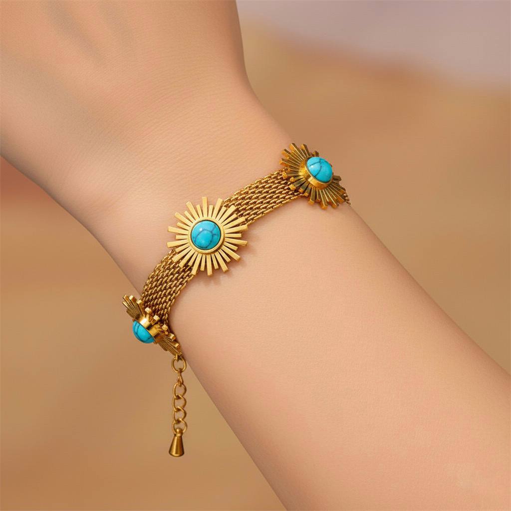 Stainless Steel Turquoise Sun Charm Bracelet – Gold