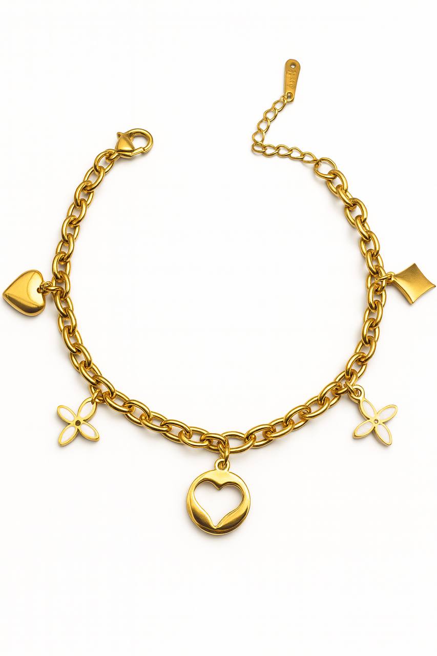 Stainless Steel Hearts & Rose Charm Bracelet – Gold