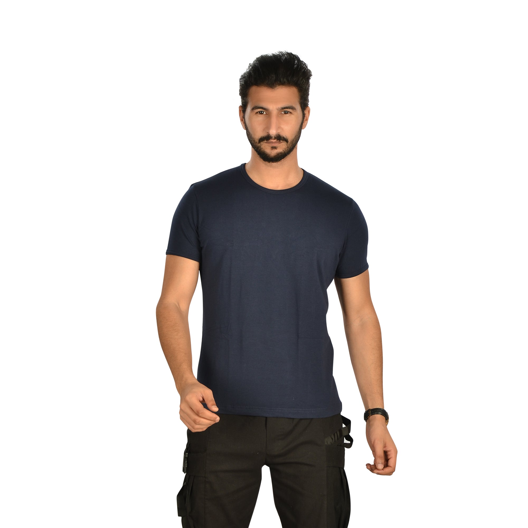 Cotton Lycra Solid Round Neck Short Sleeve T-Shirt – Navy