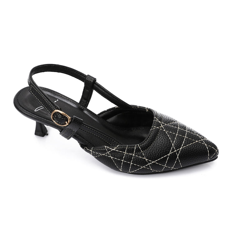 Faux Leather Contrast Stitch Slingback Pumps – Black