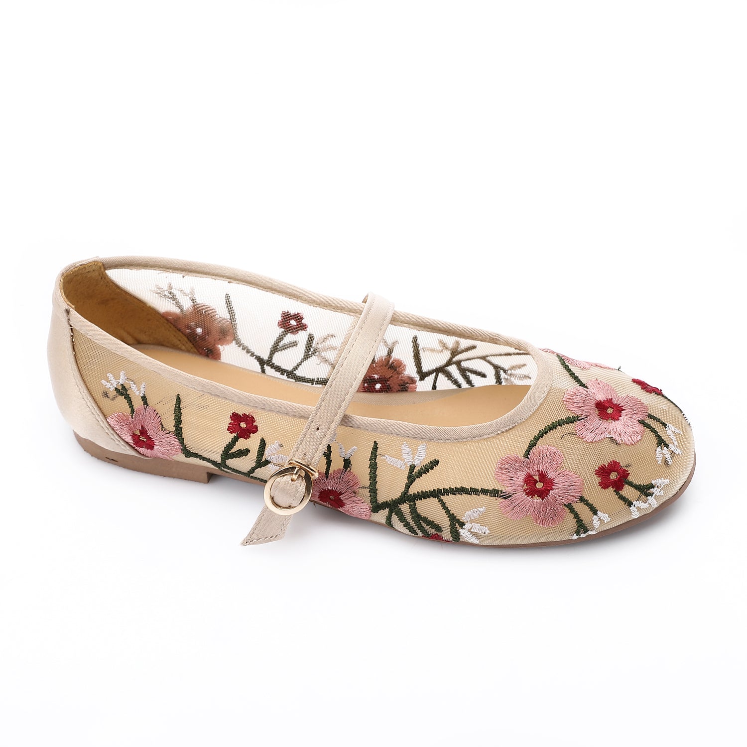 Floral Embroidered Flats Ballerina - Beige