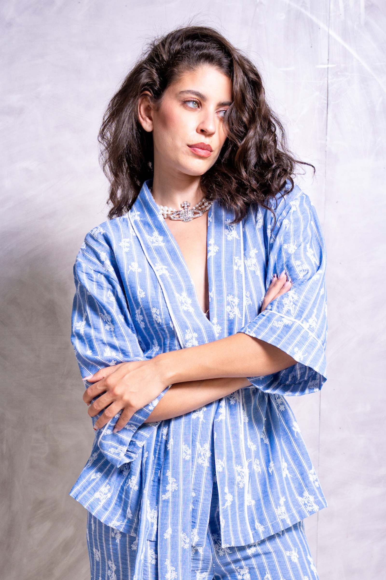 Striped Belted Kimono - Royal Blue