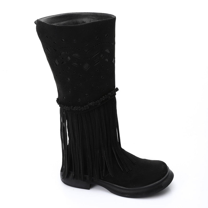 Western Fringe Mid-Calf Boots – Black