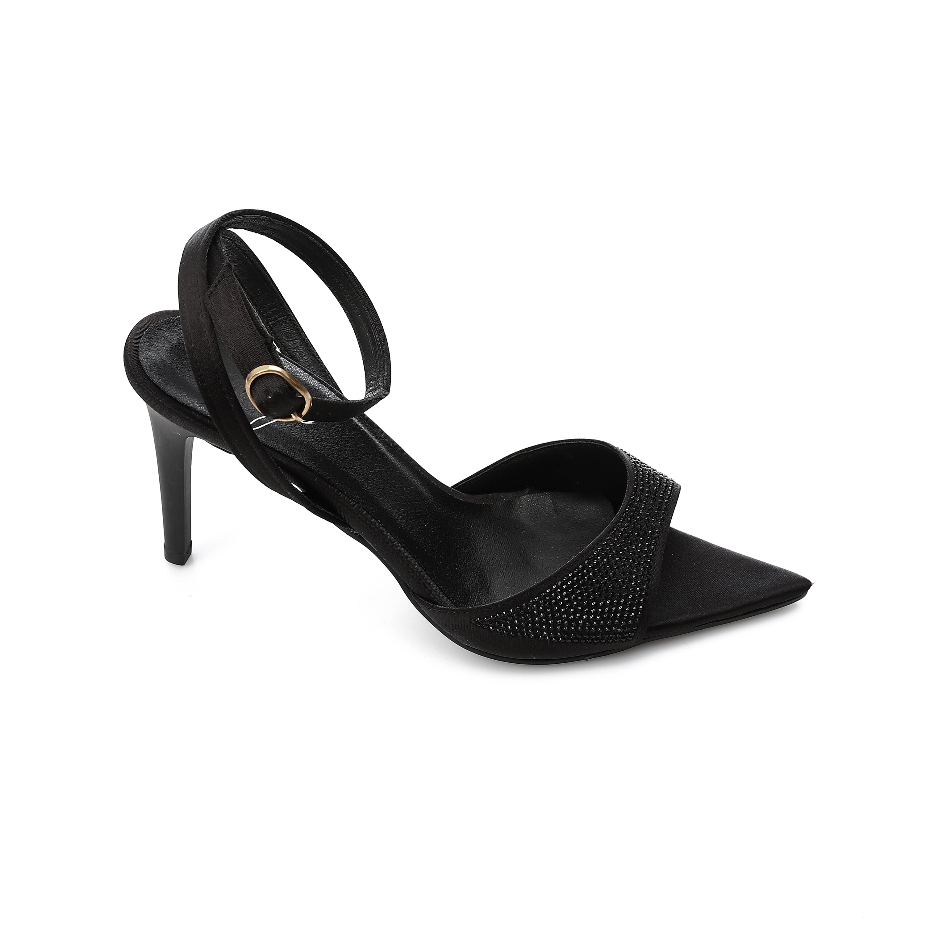 Crystal Ankle Strap Stiletto Heels - Black
