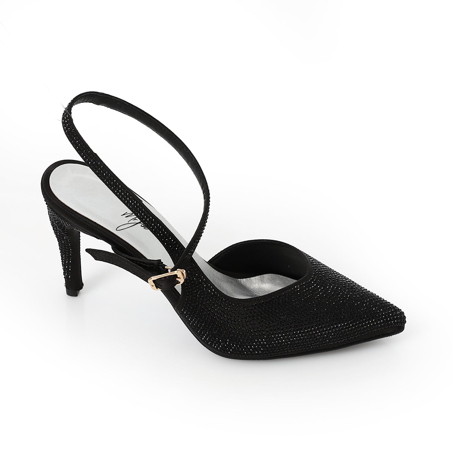 Rhinestone Pointed Toe Slingback Heels - Black