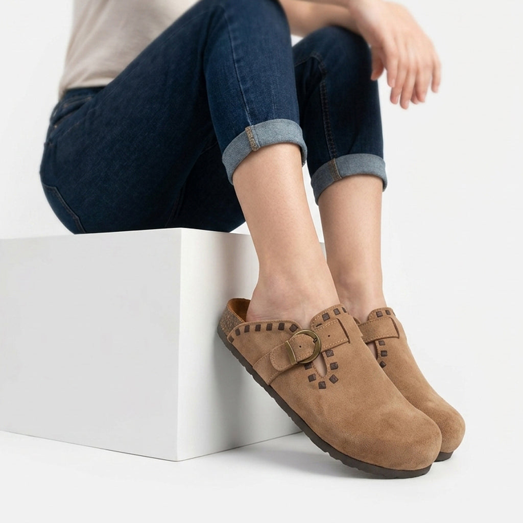 Comfort Buckle Suede Clogs – Brown