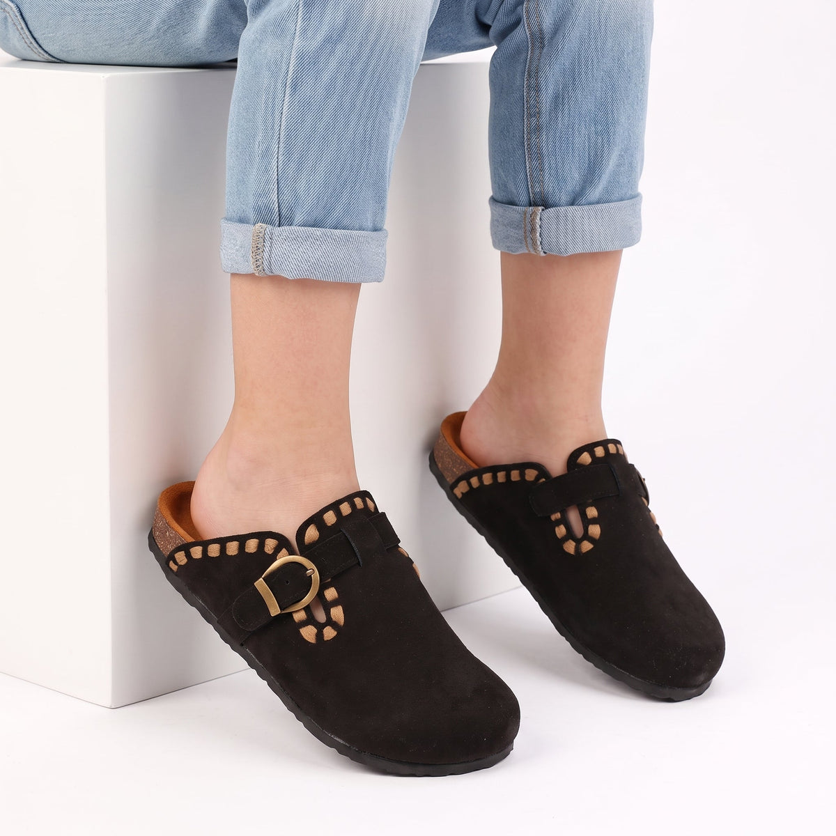 Suede Buckle Comfort Clogs – Black