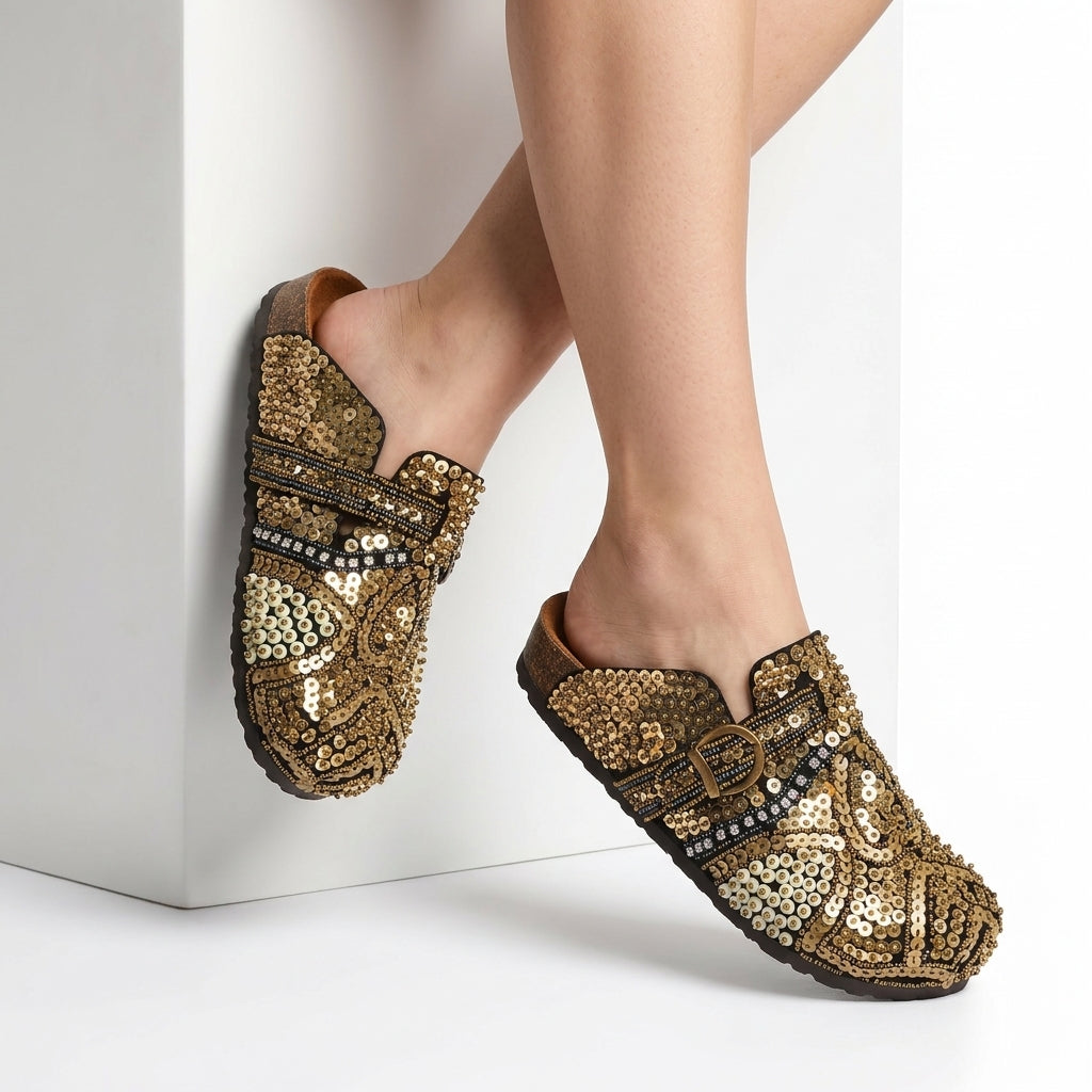 Hand-Embellished Buckle Comfort Clogs – Brown