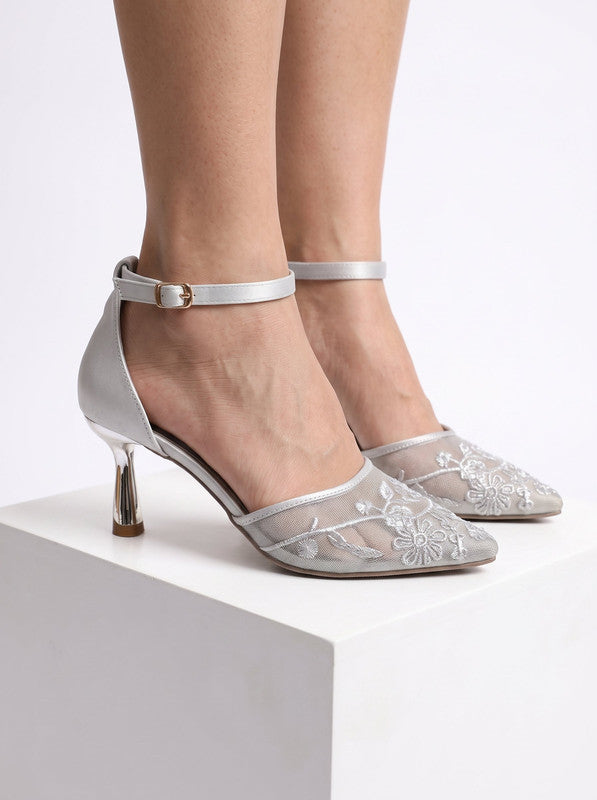 Floral Embroidered Mesh Heels – Silver (3085)