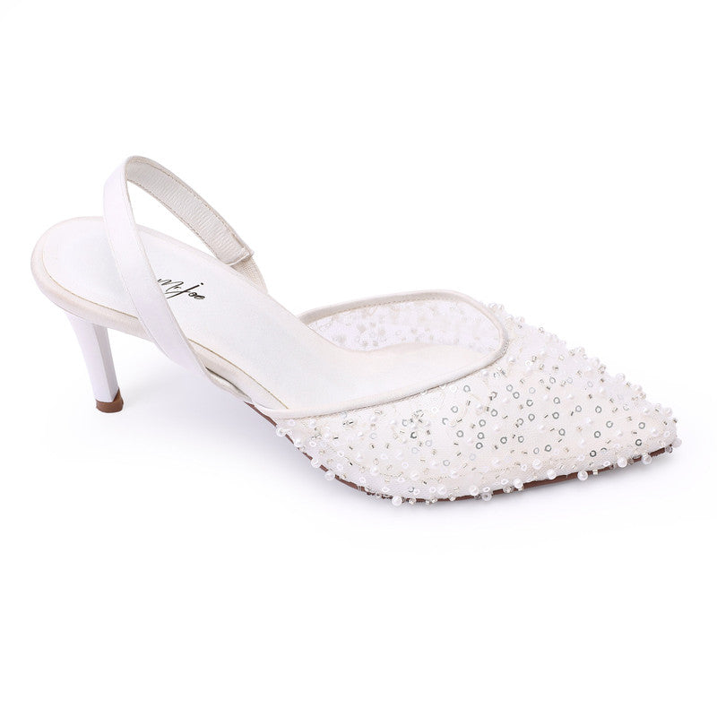 Pearl Embellished Slingback Heels – White (3086)