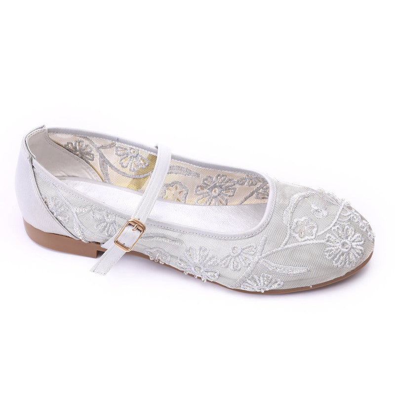 Floral Embroidered Mary Jane Flats – Silver (3087)