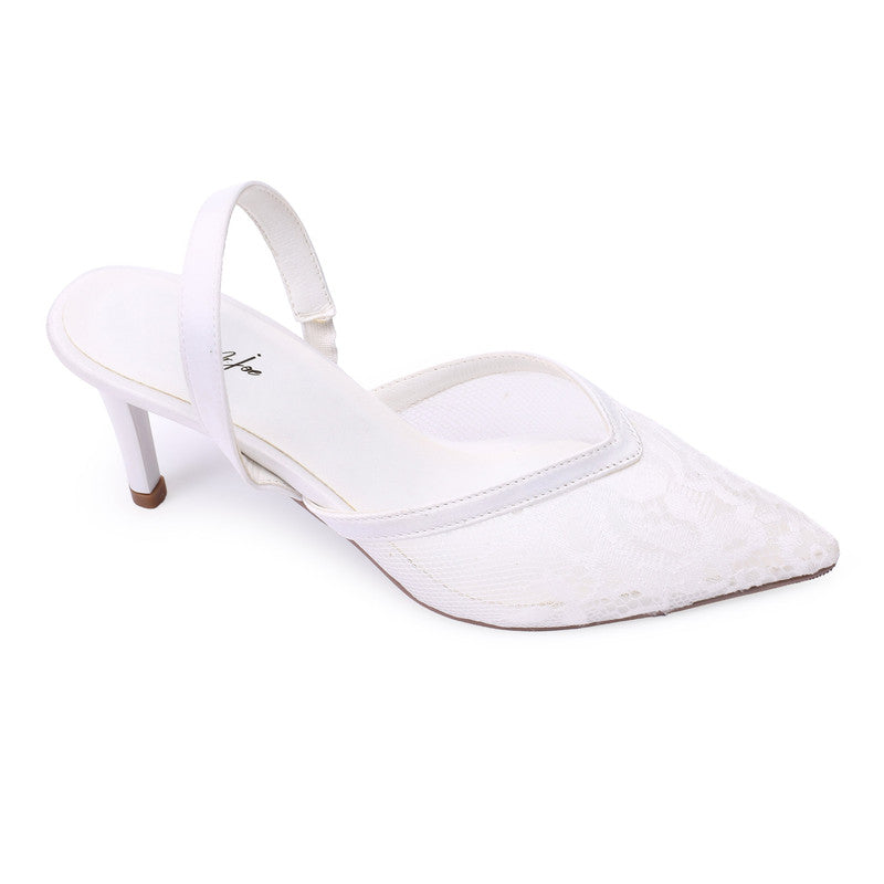 Lace Pointed Toe Slingback Heels – White (3088)
