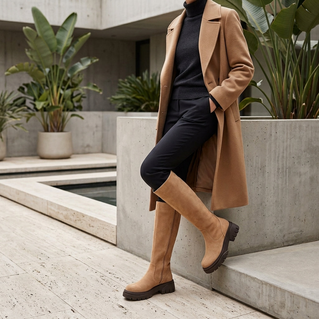 Expandable Wide-Calf Suede Knee-High Boots – Café Brown