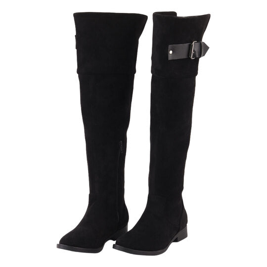 Suede Stretch Over-the-Knee Block Heel Boots - Black