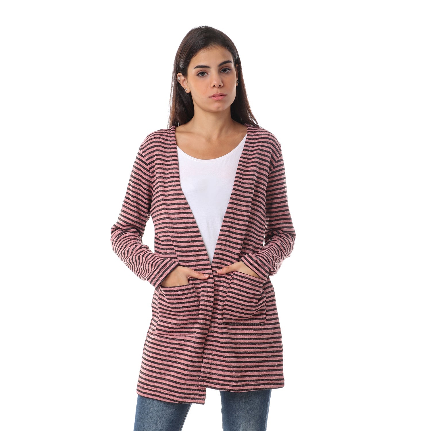 Jamila Women Hairline Stripes Front Pockets Long Sleeves Open Cotton Cardigan