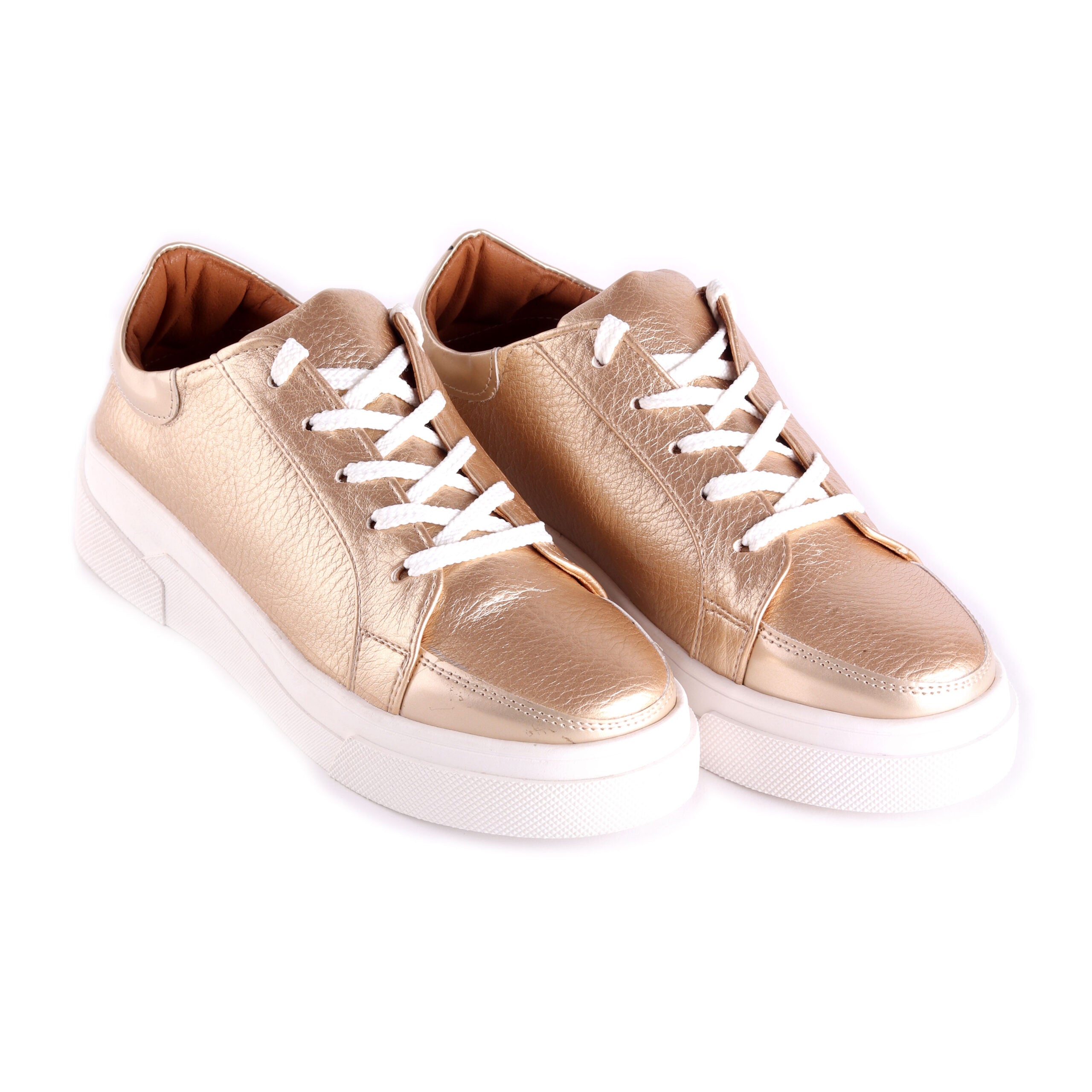 Faux Leather Lace-Up Sneakers – Champagne