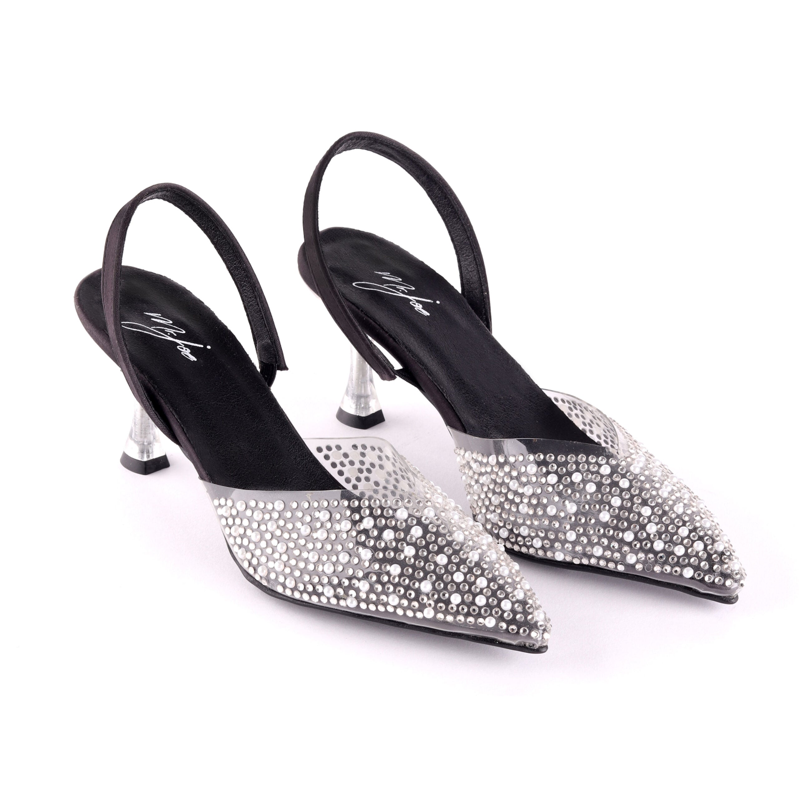 Strassed Slingback Stiletto Heels – Black
