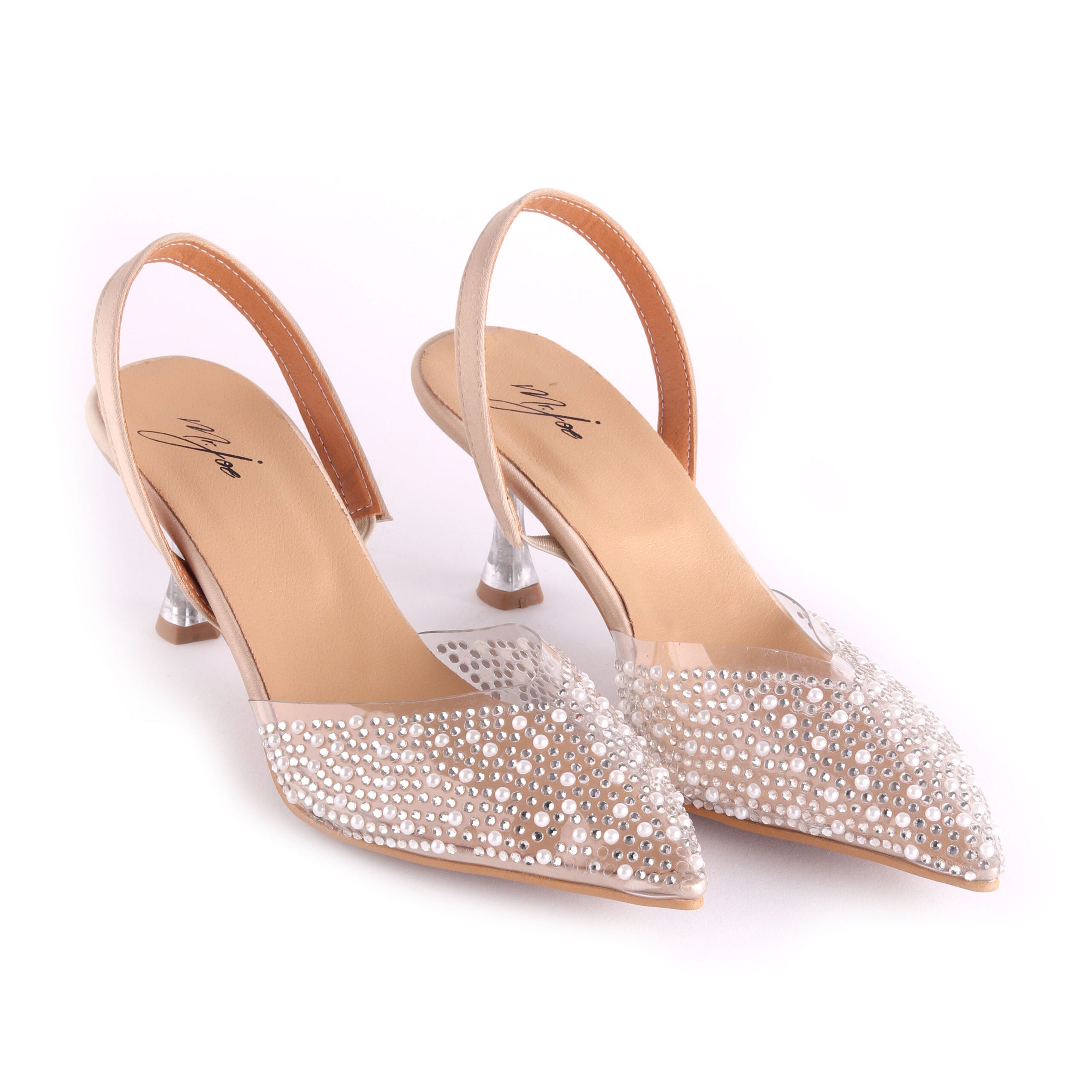 Strassed Slingback Stiletto Heels – Beige