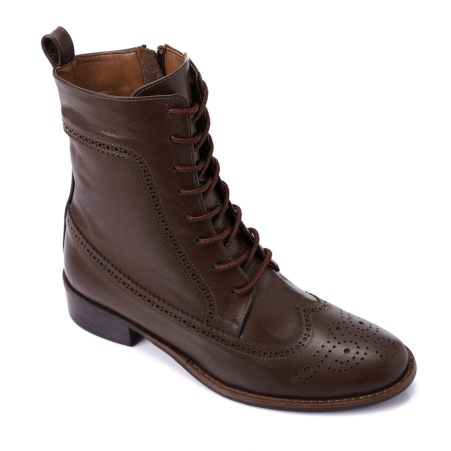 Faux Leather Perforated Lace-Up Half Boots - Brown