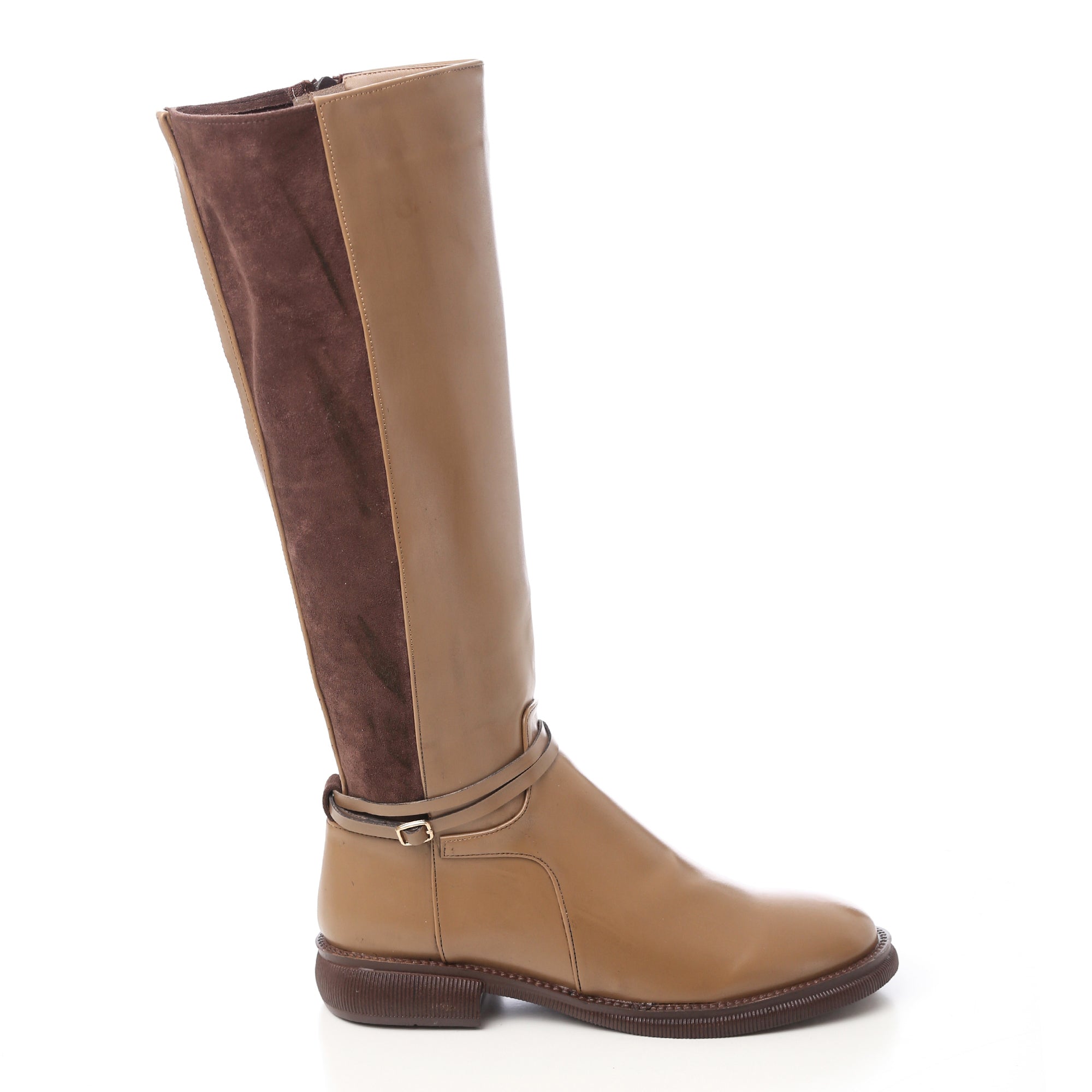 Suede & Leather Knee-High Boots with Buckle Detail – Brown