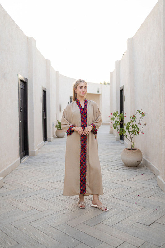 Contrast Trim Oversize Linen Dress – Beige