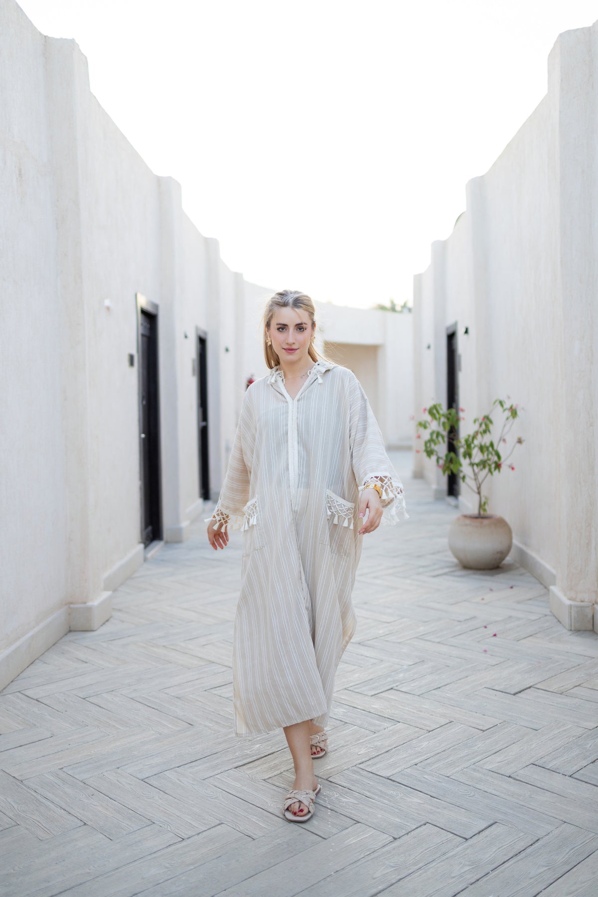 Striped Hooded Moroccan Kaftan Dress – Beige