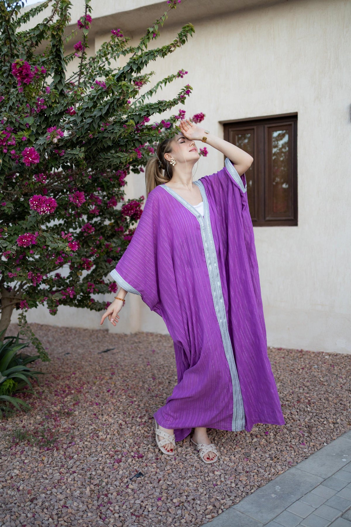 Contrast-Trim Moroccan Kaftan Dress – Purple