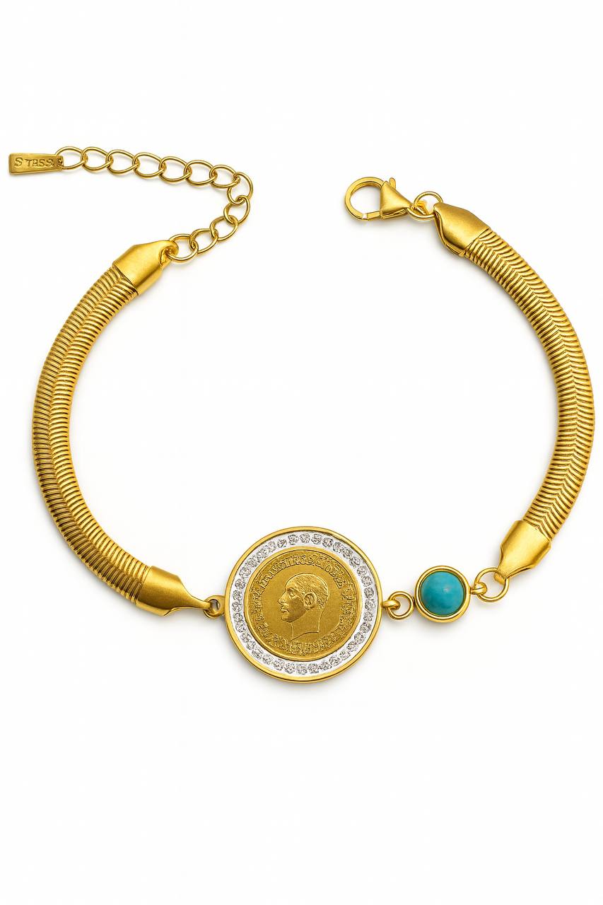 Stainless Steel Engraved Medallion Crystal & Turquoise Bracelet – Gold