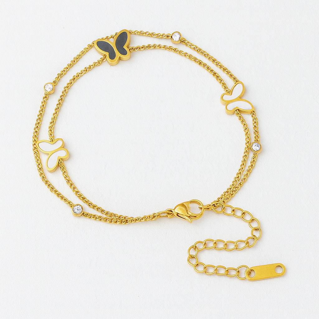 Stainless Steel Double Chain Butterfly Crystal Bracelet – Gold