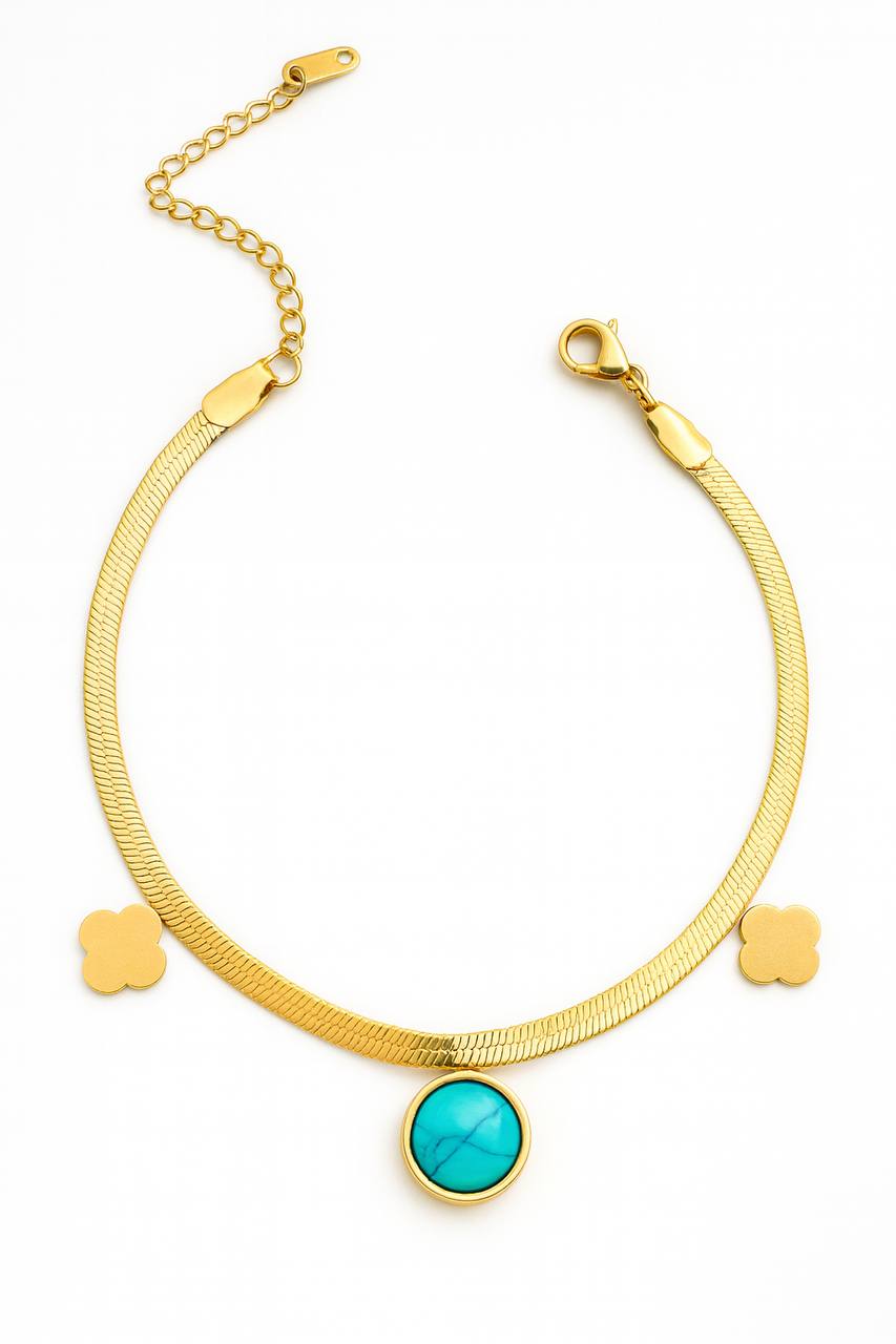 Stainless Steel Flat Chain Bracelet with Clover Charms & Turquoise Stone – Gold